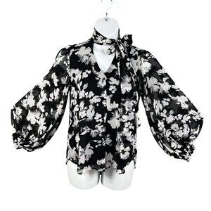 Chicos 1 NEW Womens 8/10 Abstract Floral Bow Blouse Sheer Chiffon Bishop Sleeve